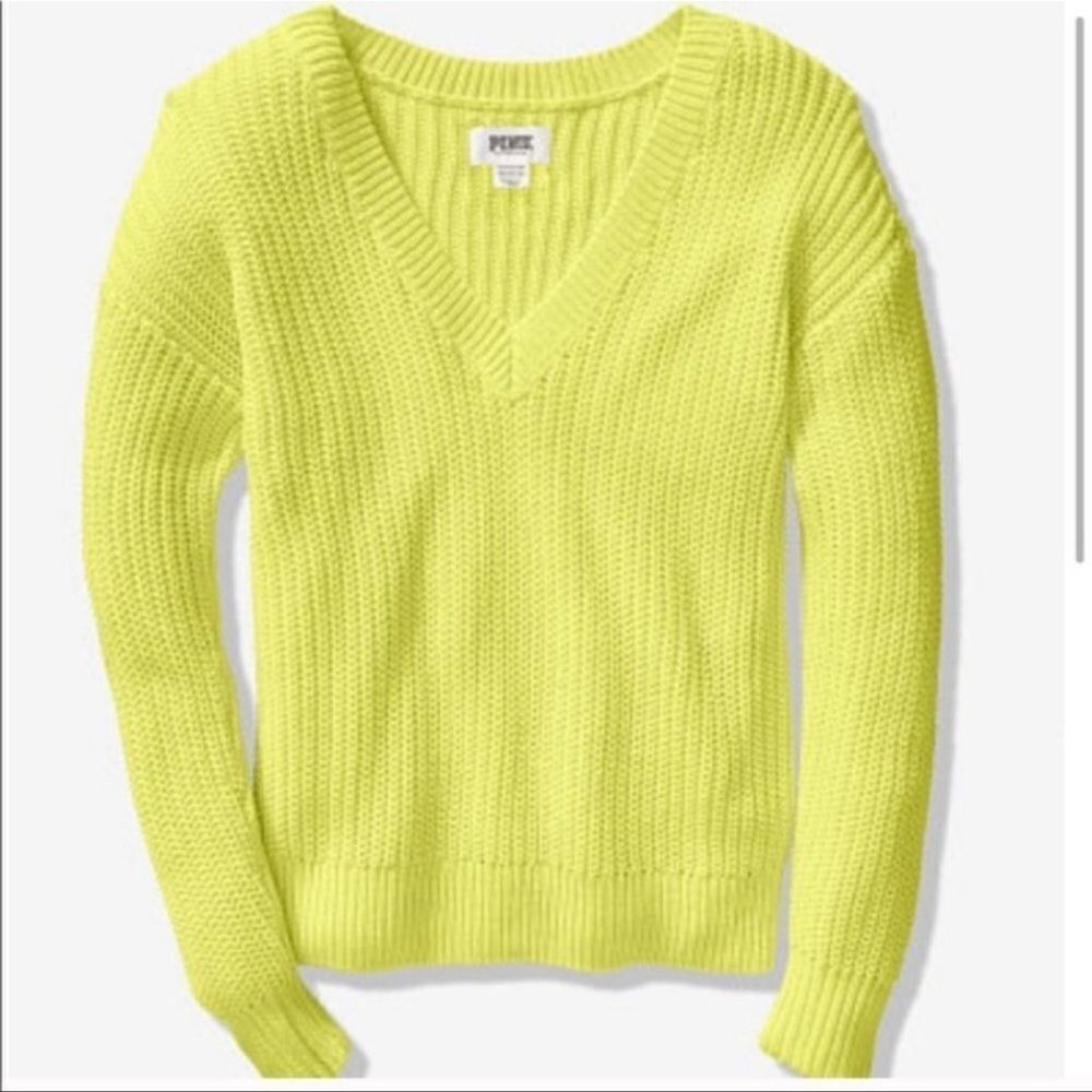 Victoria's Secret PINK Cable Knit V-neck Pullover Sweater Neon Green